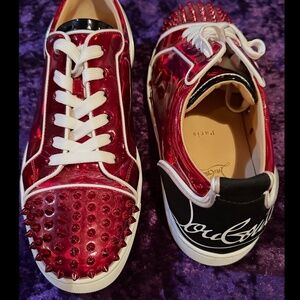 Christian Louboutin 10 1/2 Red Metallic & Black with Signature Spiked Sneakers